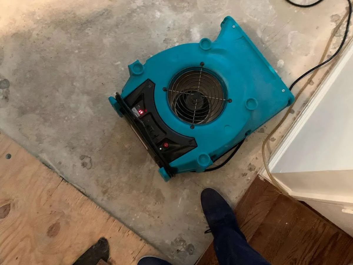 Air mover drying subfloor during Leak Detection & Repair in Heber